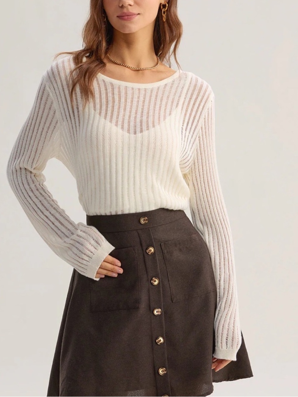 RIHOAS Brown High-Waisted A-Line Button-Down Skirt